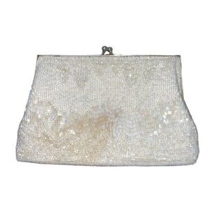 Vintage Handbeaded White Ivory Clutch Kisslock Bag Party Event Fun Gatsby Clue